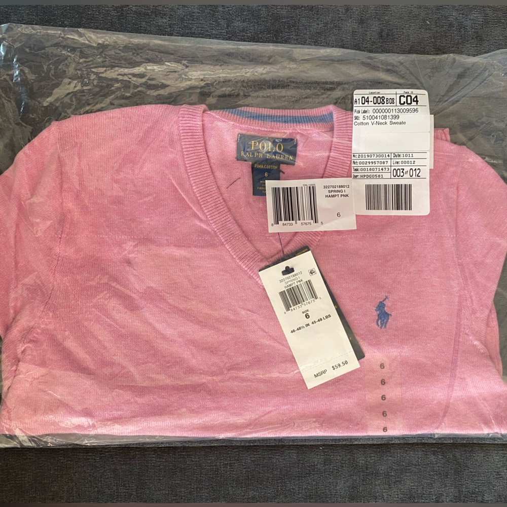 POLO Ralph Lauren BOY Cotton V-neck Sweater - PINK - Size 6